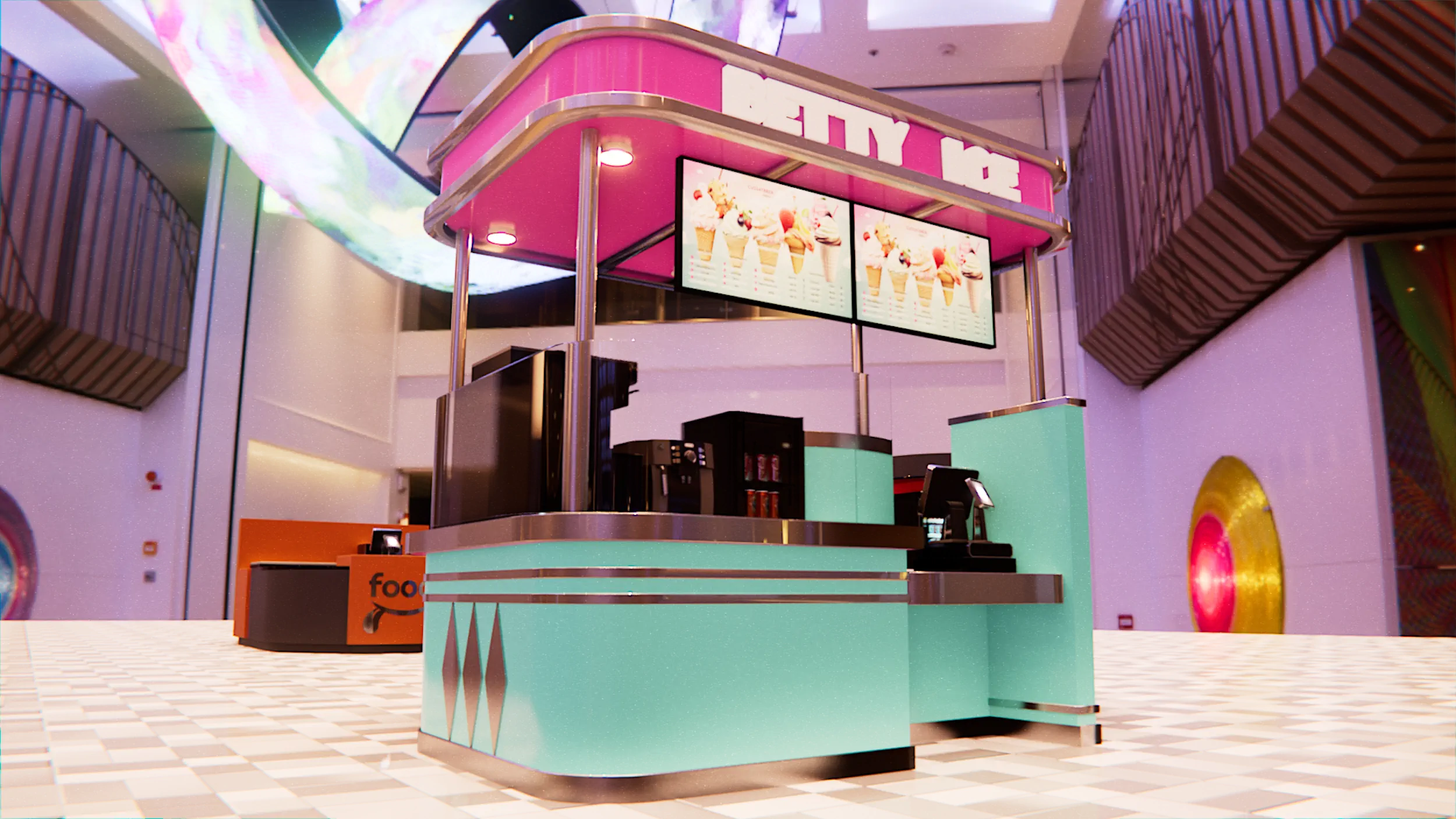 Render de un local de helados en un centro comercial