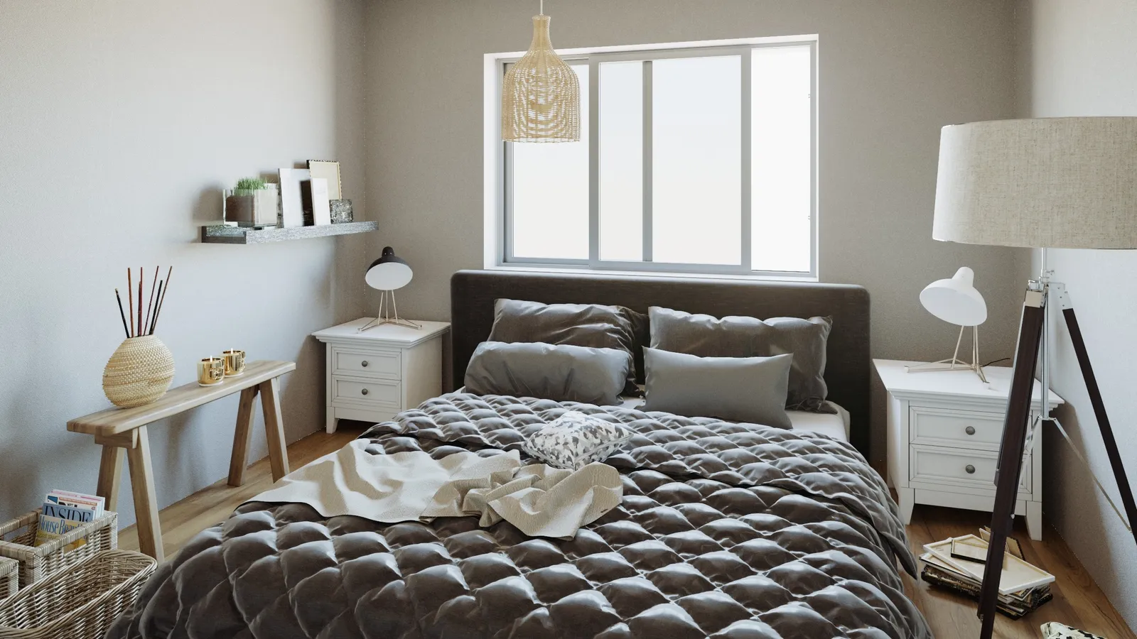 Render de un dormitorio con cama de plumón gris y veladores blancos