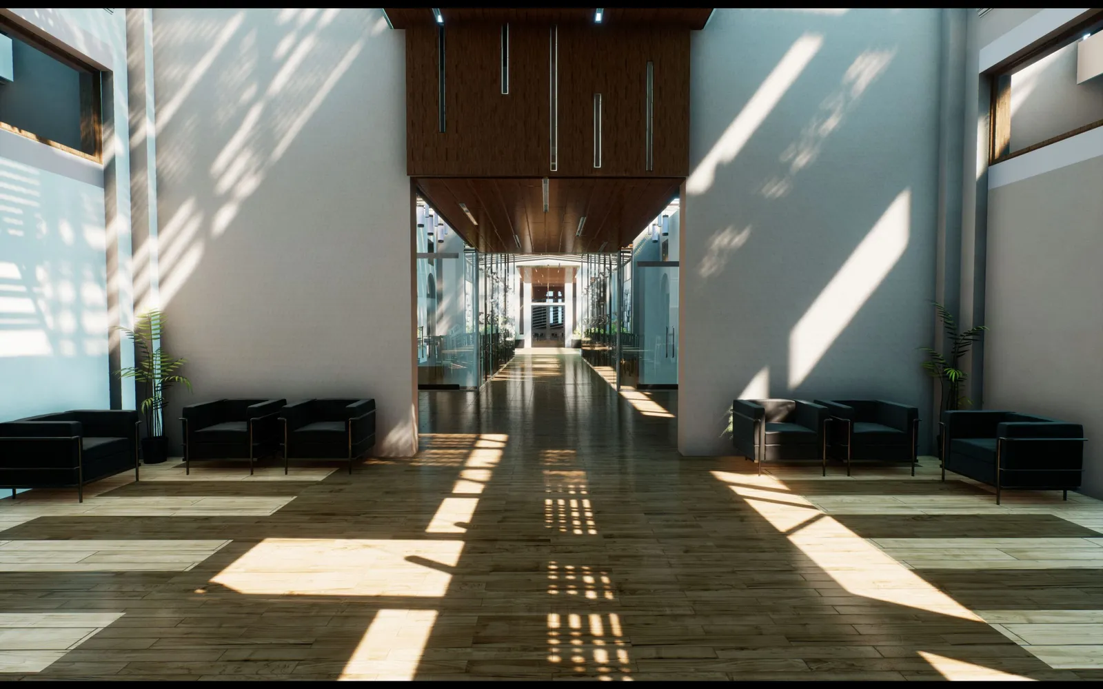 Render de un hall de acceso con piso de madera y luz entrando por los ventanales